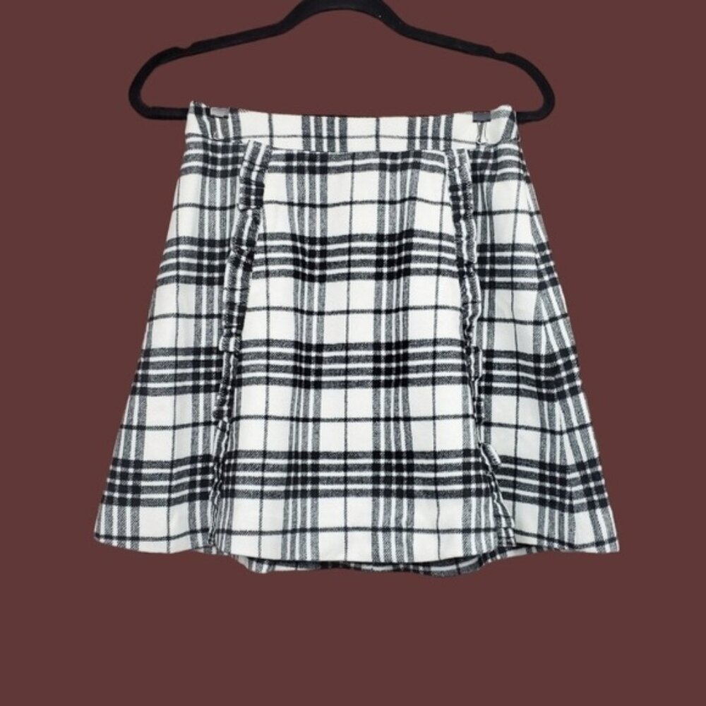 Loft Womens Black White Plaid Ruffle Trim A-Line Skirt Size 0 NWT